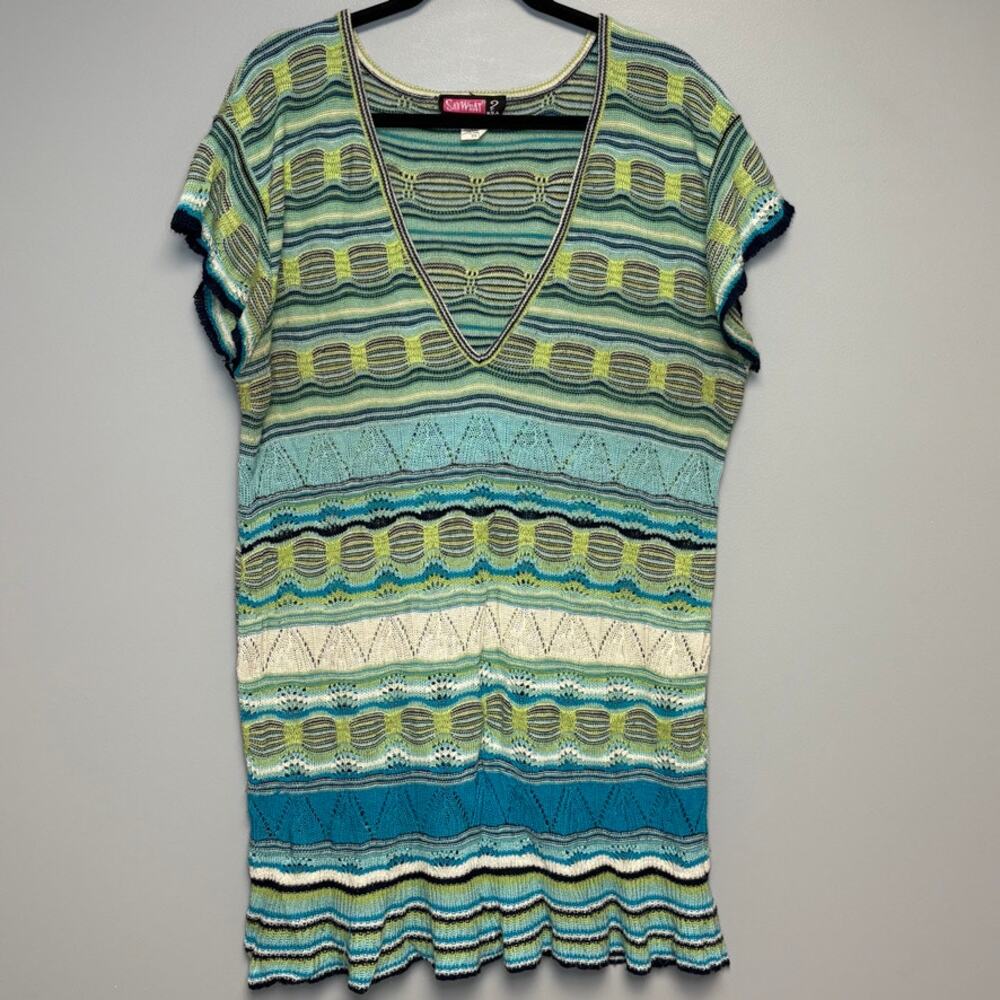 VTG 90s‎ Y2K Say What Blue Green Striped Ruffle Knit Mini Sweater Dress Sz 2X